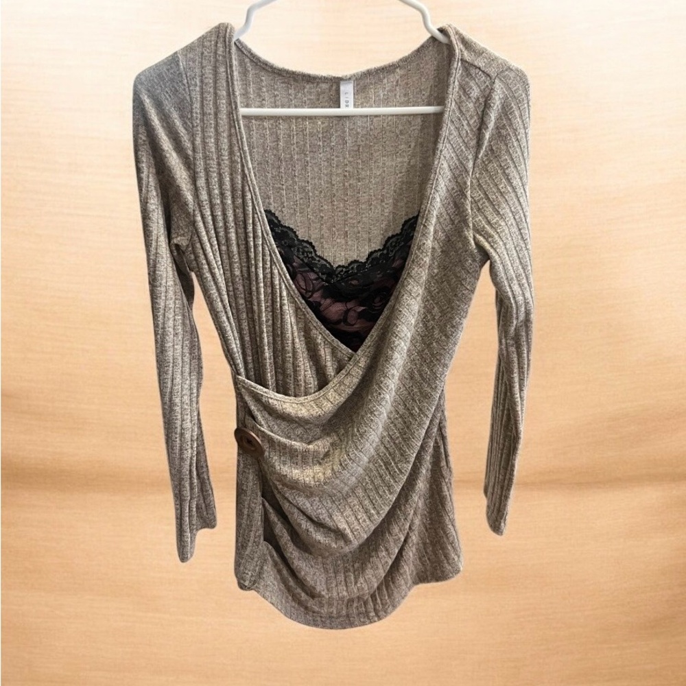 Elegant Tan Ribbed Wrap Blouse with Lace Detail #414
